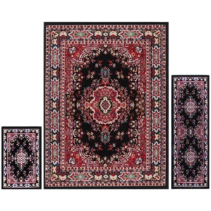 Traditional Medallion Border Area Rug, Black/Red, 3-Piece Set