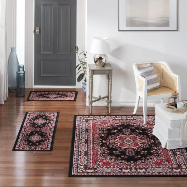 Traditional Medallion Border Area Rug, Black/Red, 3-Piece Set - Image 3